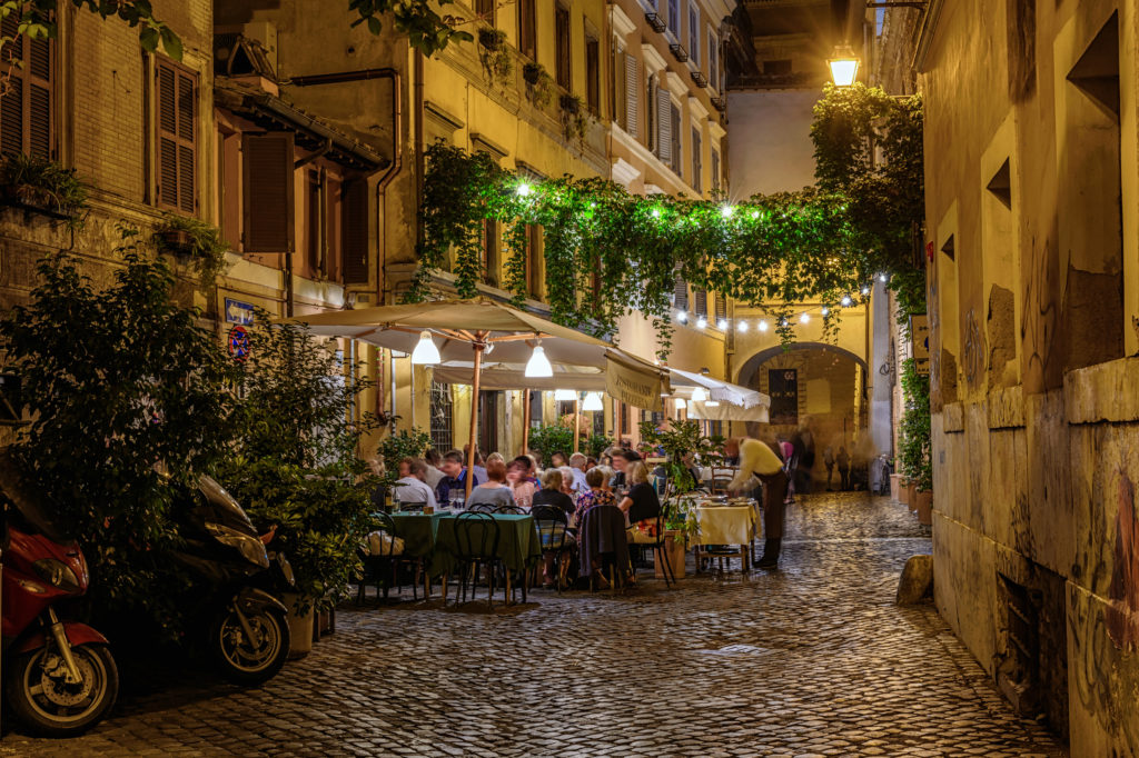 Night view of old street in Trastevere in Rome, Italy