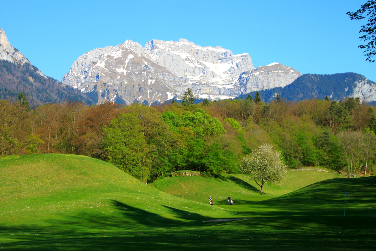 Vue panoramique d'un terrain de golf en Haute-Savoie avec des montagnes en arrière-plan